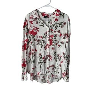 George Womens XXL 20 Floral Button Down Shirt White Red Pink Rayon Long Sleeve